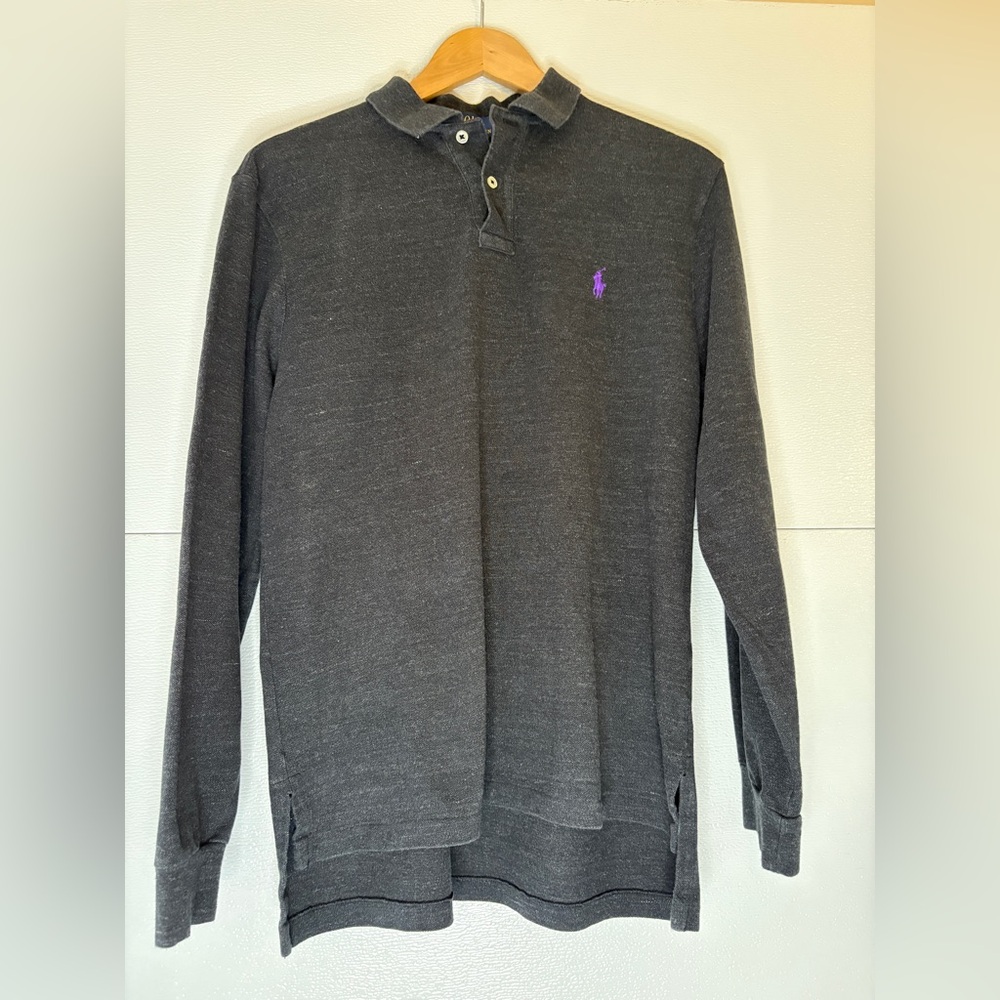 Polo by Ralph Lauren Dark Gray Long Sleeve‎ Polo with Purple Logo Size Large